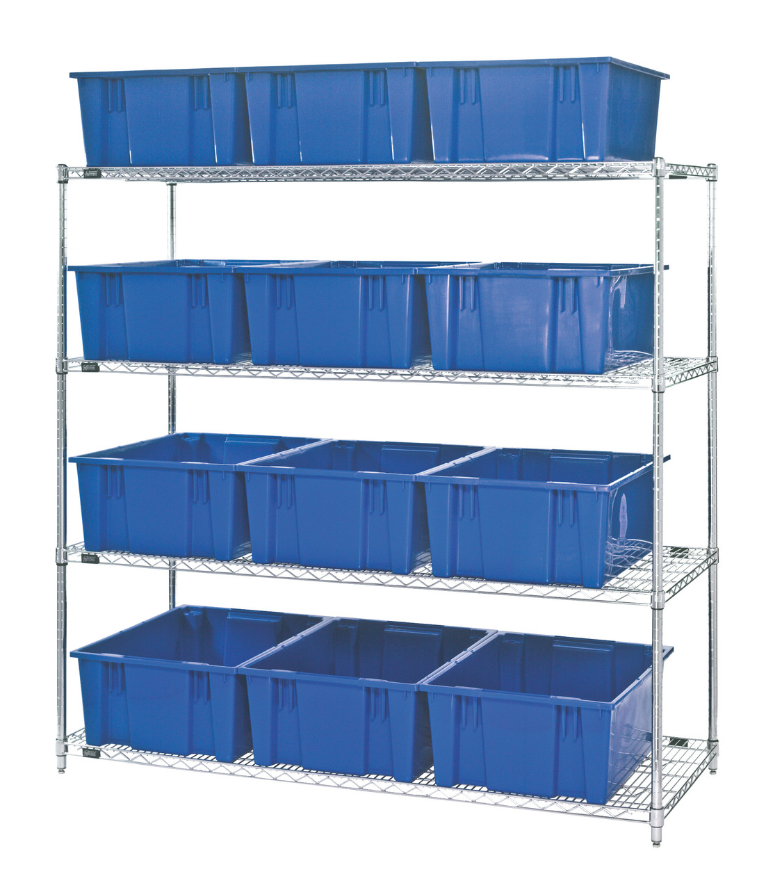 Bin Wire Shelving System, 66"L x 24"D x 63"H, 800 lbs load capacity per shelf, Chrome, Clear, Carbon Steel, WR4-12225CL