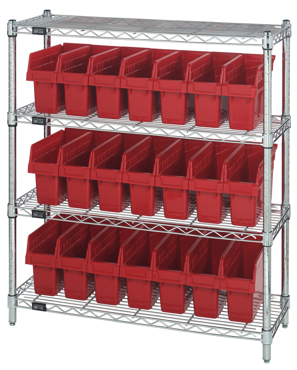 Bin Wire Shelving Center, 12"D x 36"W x 39"H, 800 lbs capacity per shelf, Chrome, Red, Carbon Steel, WR4-39-1236-801RD