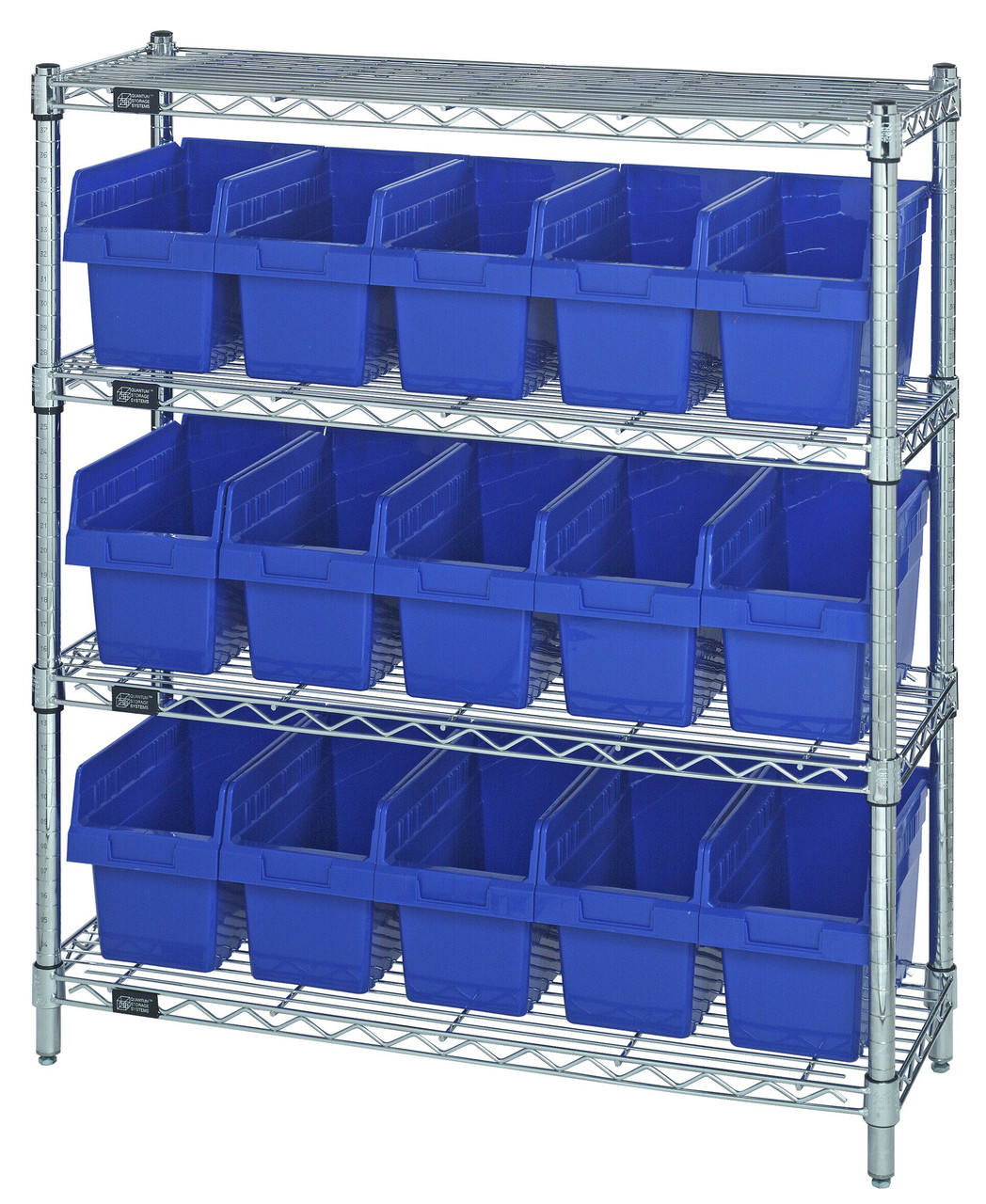 Bin Wire Shelving Center, 12"D x 36"W x 39"H, 800 lbs capacity per shelf, Chrome, Blue, Carbon Steel, WR4-39-1236-802BL