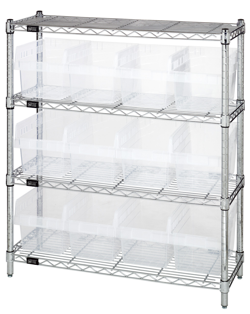 Bin Wire Shelving Center, 12"D x 36"W x 39"H, 800 lbs capacity per shelf, Chrome, Clear, Carbon Steel, WR4-39-1236-807CL