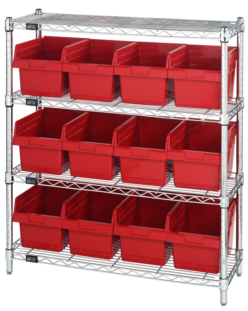 Bin Wire Shelving Center, 12"D x 36"W x 39"H, 800 lbs capacity per shelf, Chrome, Red, Carbon Steel, WR4-39-1236-807RD