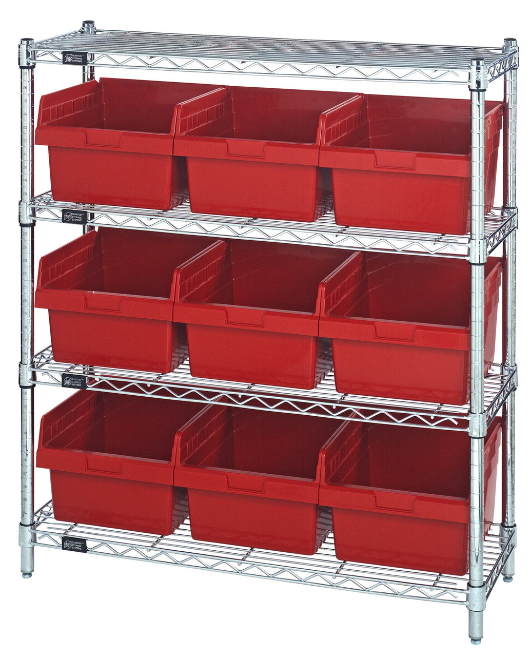 Bin Wire Shelving Center, 12"D x 36"W x 39"H, 800 lbs capacity per shelf, Chrome, Red, Carbon Steel, WR4-39-1236-809RD