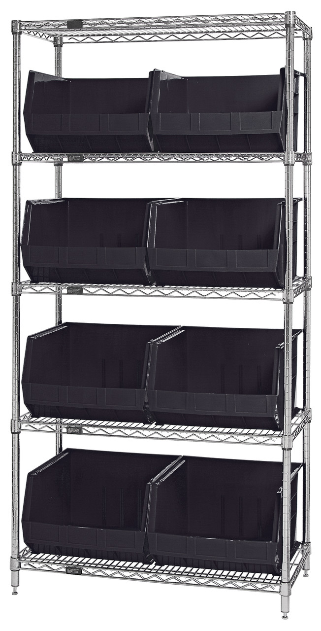 Bin Wire Shelving System, 42"L x 18"W x 74"H, 800 lbs capacity per shelf, Chrome, Black, Carbon Steel, WR5-270BK