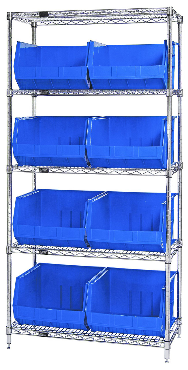 Bin Wire Shelving System, 42"L x 18"W x 74"H, 800 lbs capacity per shelf, Chrome, Blue, Carbon Steel, WR5-270BL
