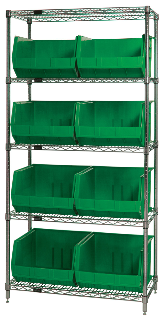 Bin Wire Shelving System, 42"L x 18"W x 74"H, 800 lbs capacity per shelf, Chrome, Green, Carbon Steel, WR5-270GN