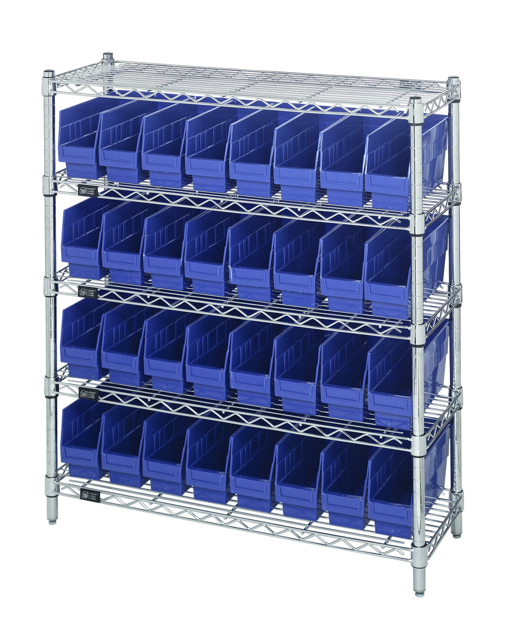 Bin Wire Shelving Center, 12"D x 36"W x 39"H, 800 lbs capacity per shelf, Chrome, Blue, Carbon Steel, WR5-39-1236-201BL