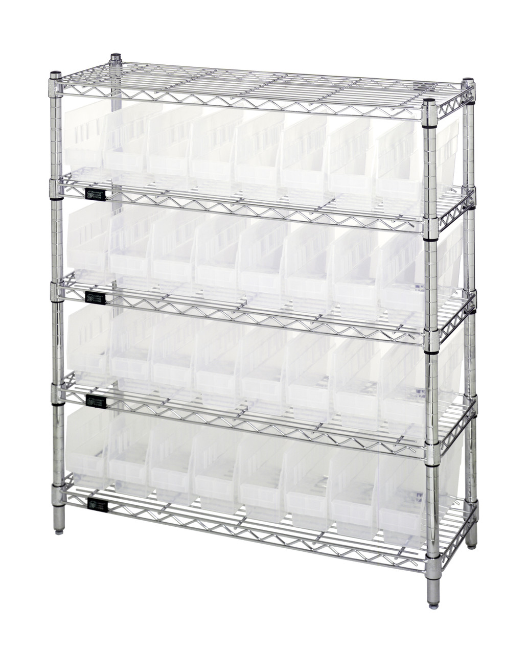 Bin Wire Shelving Center, 12"D x 36"W x 39"H, 800 lbs capacity per shelf, Chrome, Clear, Carbon Steel, WR5-39-1236-201CL