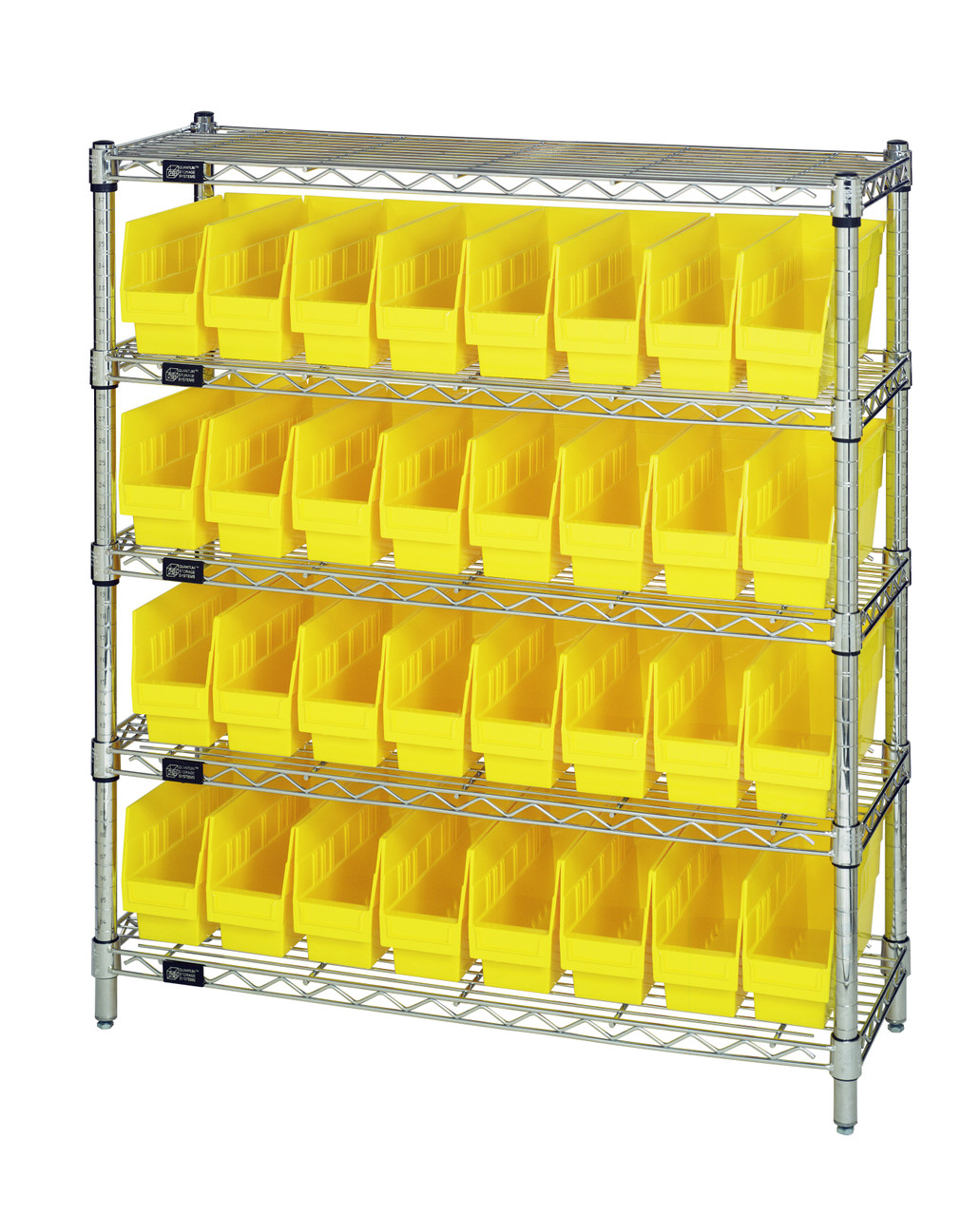 Bin Wire Shelving Center, 12"D x 36"W x 39"H, 800 lbs capacity per shelf, Chrome, Yellow, Carbon Steel, WR5-39-1236-201YL