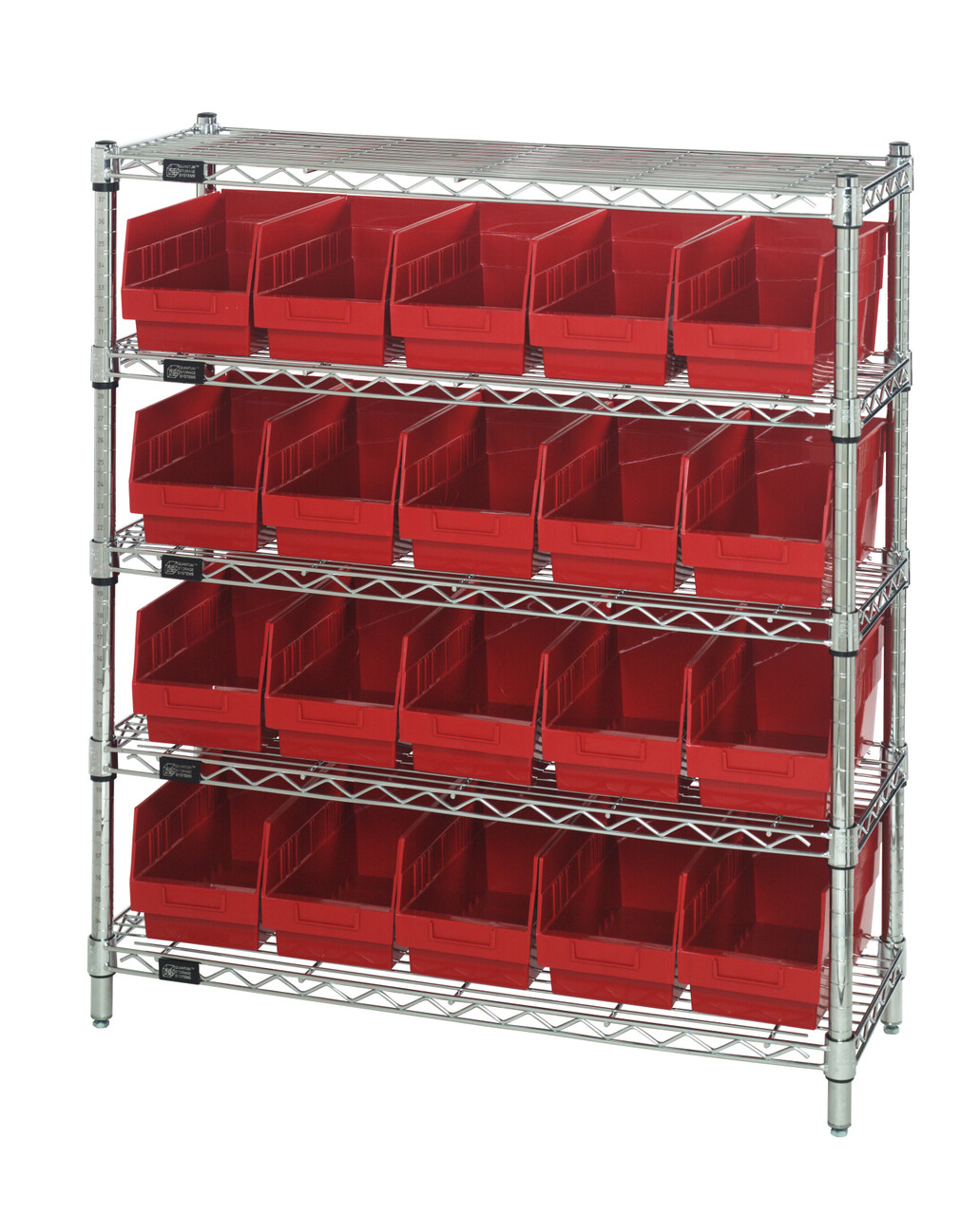 Bin Wire Shelving Center, 12"D x 36"W x 39"H, 800 lbs capacity per shelf, Chrome, Red, Carbon Steel, WR5-39-1236-202RD