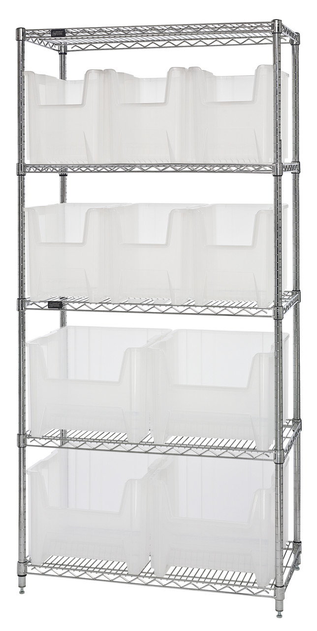 Bin Wire Shelving System, 36"W x 18"D x 74"H, 800 lbs load capacity per shelf, Chrome, Clear, Carbon Steel, WR5-600800CL
