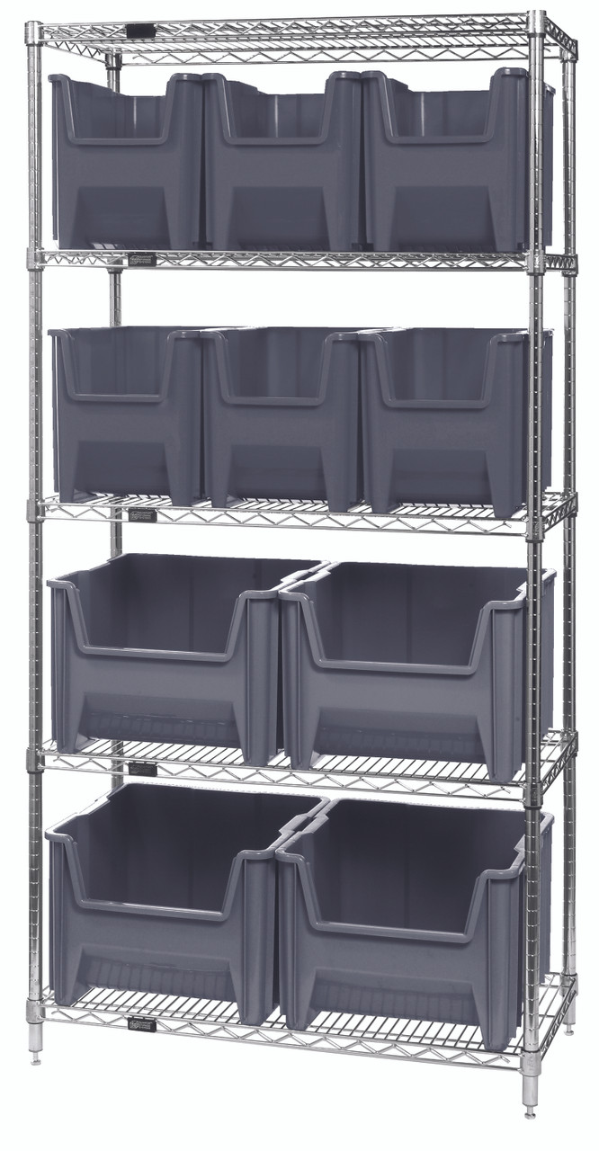 Bin Wire Shelving System, 36"W x 18"D x 74"H, 800 lbs load capacity per shelf, Chrome, Gray, Carbon Steel, WR5-600800GY