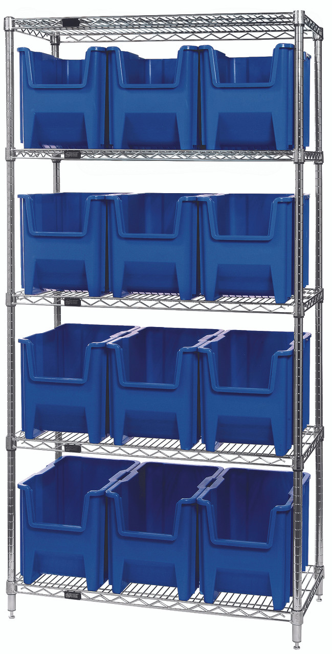 Bin Wire Shelving System, 36"W x 18"D x 74"H, 800 lbs load capacity per shelf, Chrome, Blue, Carbon Steel, WR5-600BL