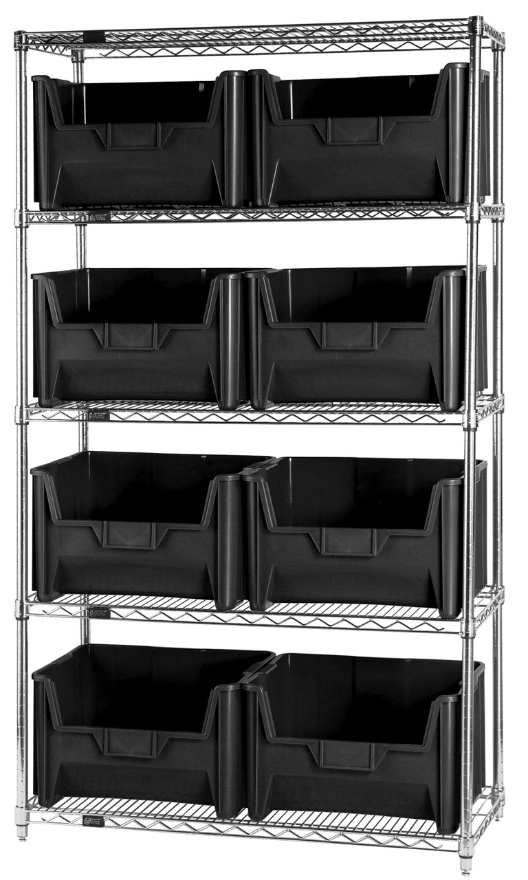 Bin Wire Shelving System, 42"W x 18"D x 74"H, 800 lbs load capacity per shelf, Chrome, Black, Carbon Steel, WR5-700BK