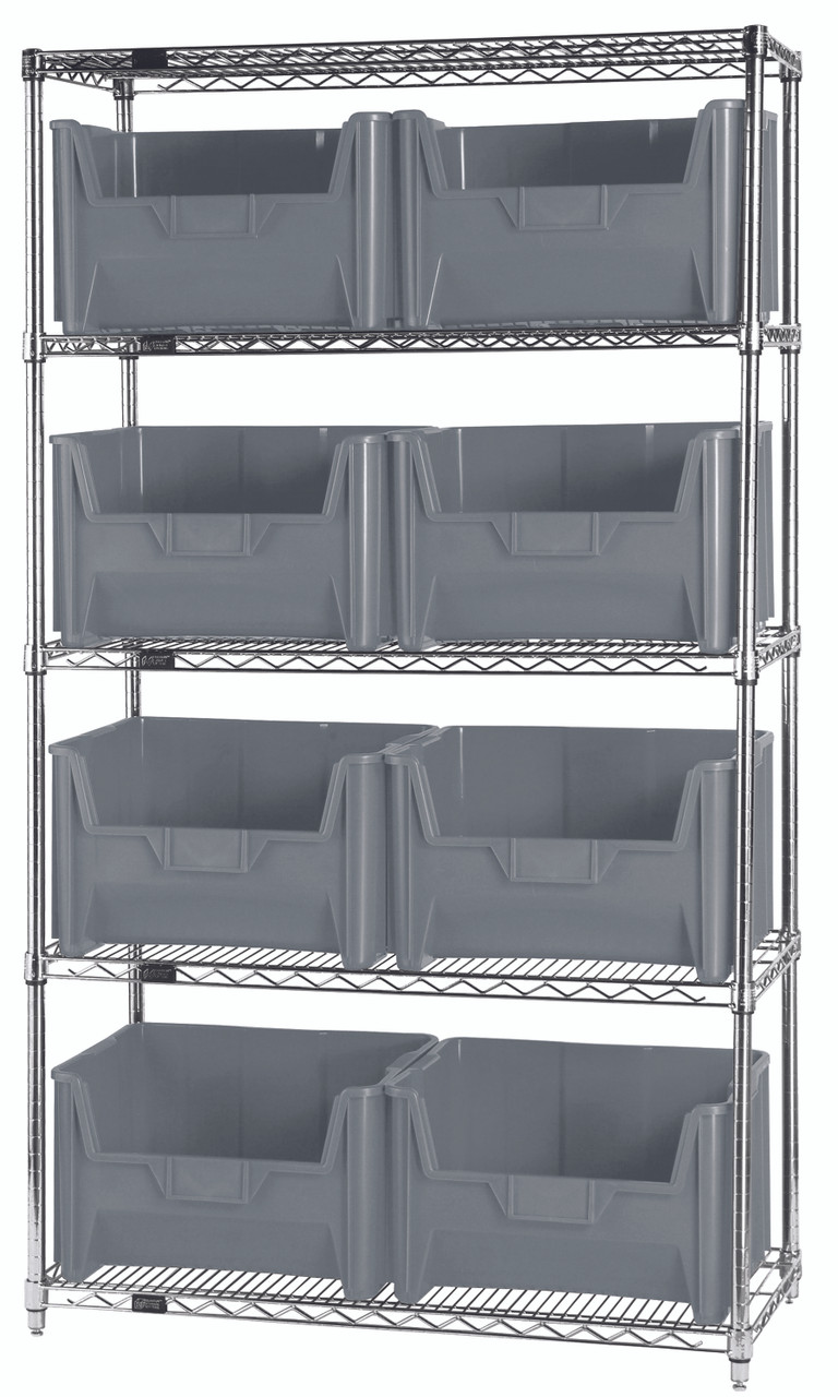 Bin Wire Shelving System, 42"W x 18"D x 74"H, 800 lbs load capacity per shelf, Chrome, Gray, Carbon Steel, WR5-700GY