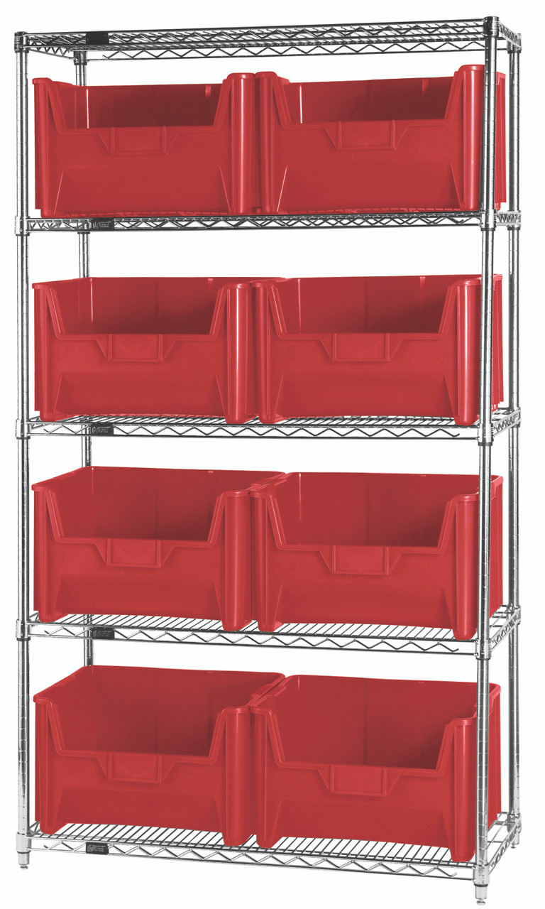 Bin Wire Shelving System, 42"W x 18"D x 74"H, 800 lbs load capacity per shelf, Chrome, Red, Carbon Steel, WR5-700RD