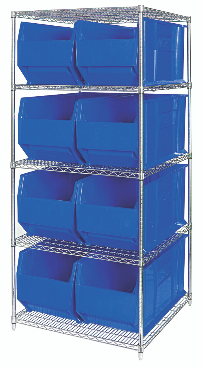 Bin Wire Shelving System, 36"W x 36"D x 74"H, 800 lbs load capacity per shelf, Chrome, Blue, Carbon Steel, WR5-993BL