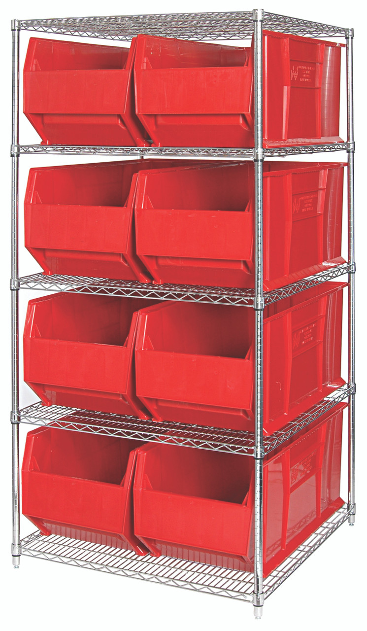 Bin Wire Shelving System, 48"W x 36"D x 74"H, 800 lbs load capacity per shelf, Chrome, Red, Carbon Steel, WR5-995RD