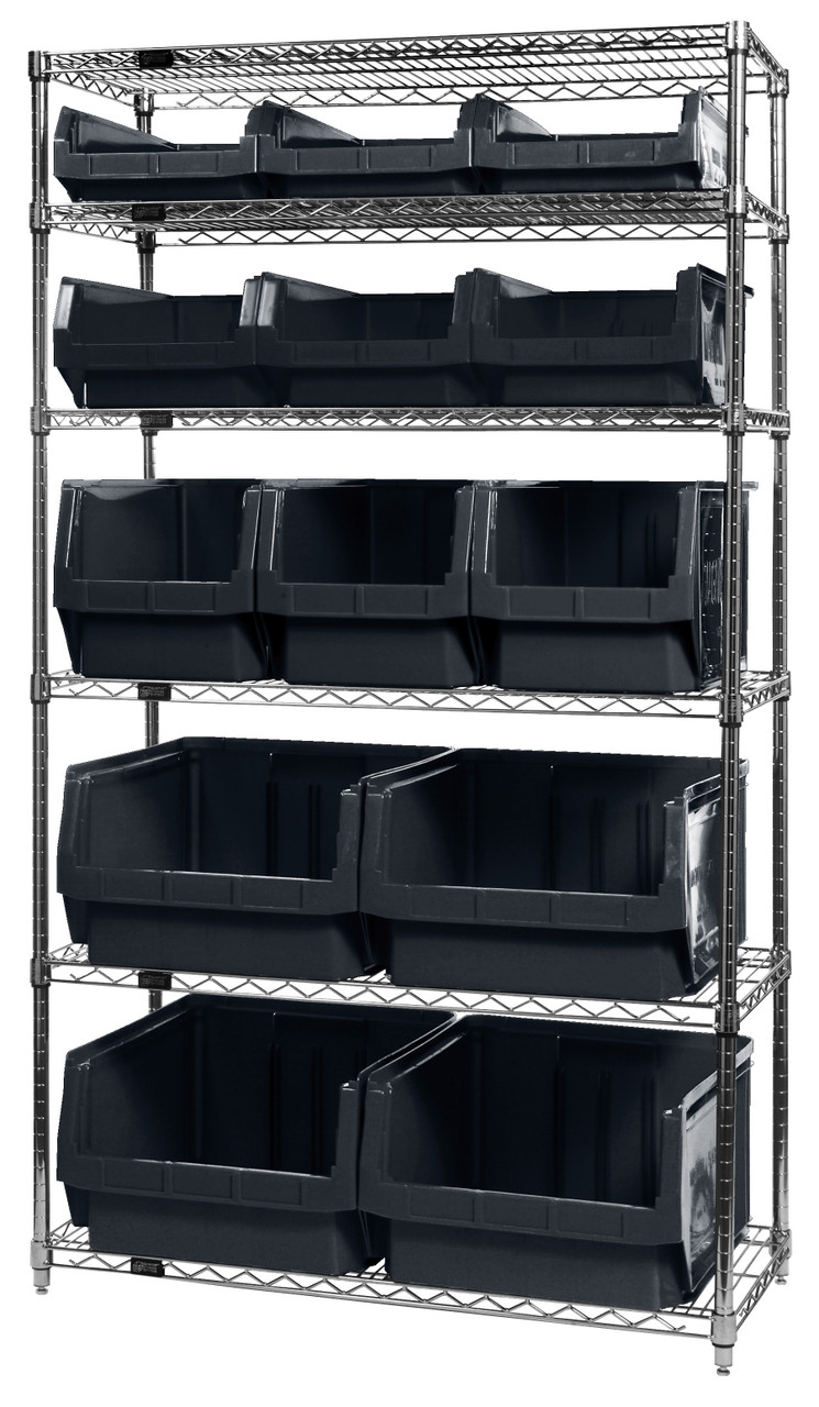 Bin Wire Shelving System, 42"W x 18"D x 74"H, 800 lbs load capacity per shelf, Chrome, Black, Carbon Steel, WR6-13-MIXBK