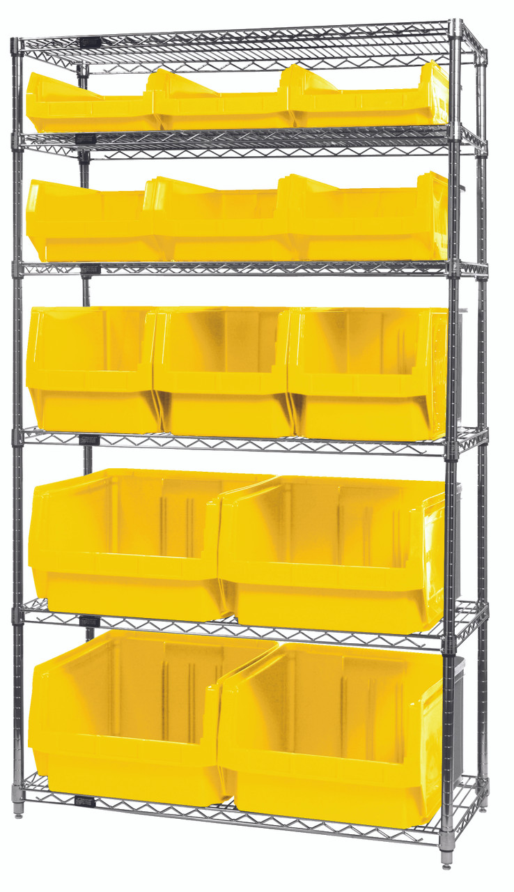 Bin Wire Shelving System, 42"W x 18"D x 74"H, 800 lbs load capacity per shelf, Chrome, Yellow, Carbon Steel, WR6-13-MIXYL