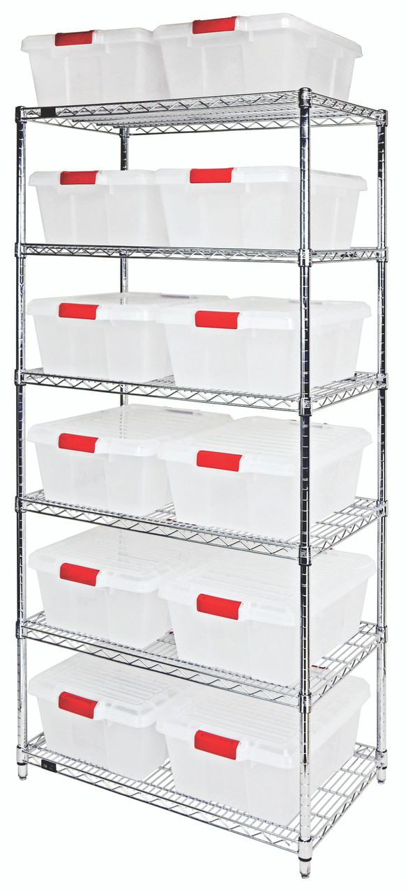 Bin Wire Shelving System, 36"W x 21"D x 74"H overall size, 800 lb. capacity per shelf, Chrome, Clear, Carbon Steel, WR6-191507CL