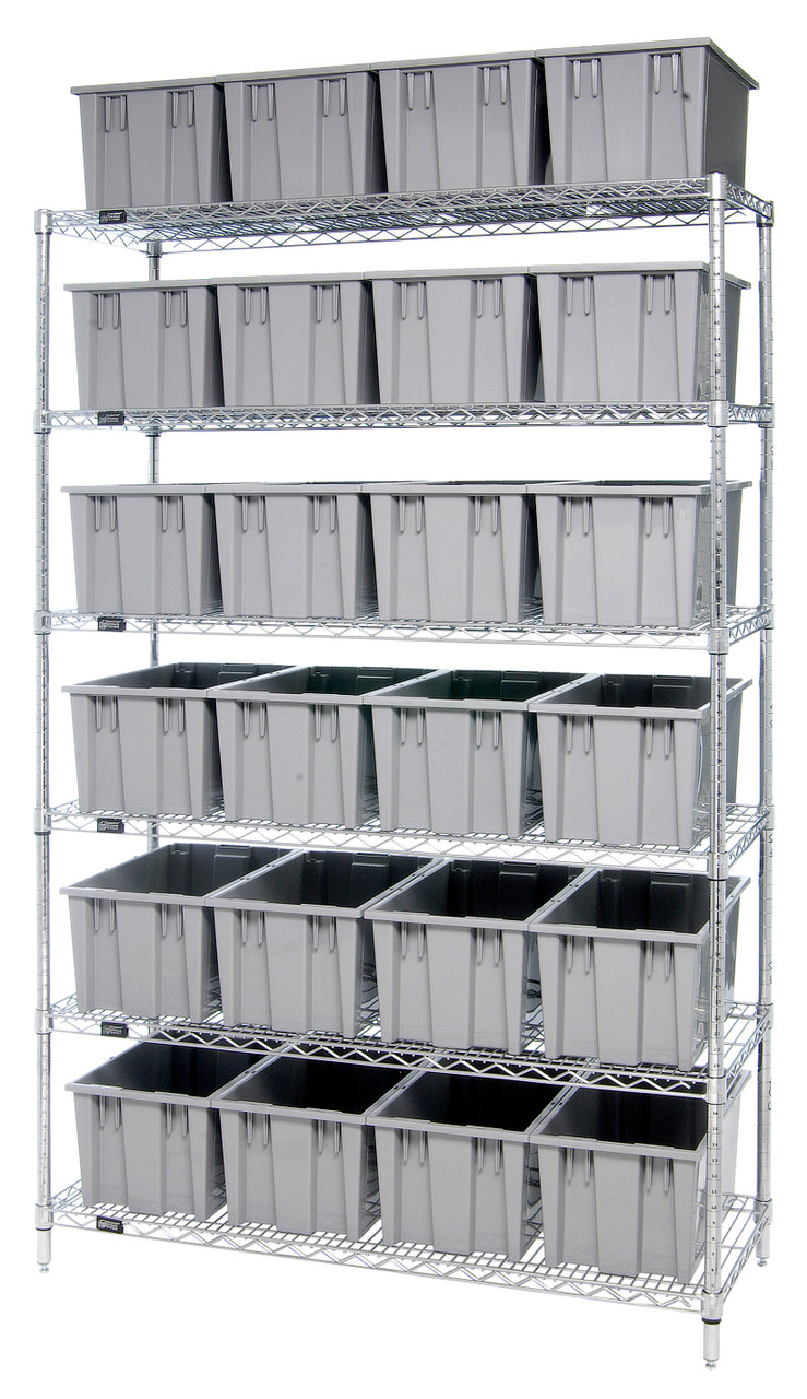 Bin Wire Shelving System, 48"L x 18"D x 74"H, 800 lbs load capacity per shelf, Chrome, Gray, Carbon Steel, WR6-24185GY