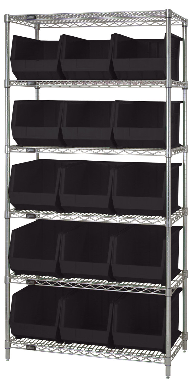 Bin Wire Shelving System, 36"L x 18"D x 74"H, 800 lbs load capacity per shelf, Chrome, Black, Carbon Steel, WR6-260BK