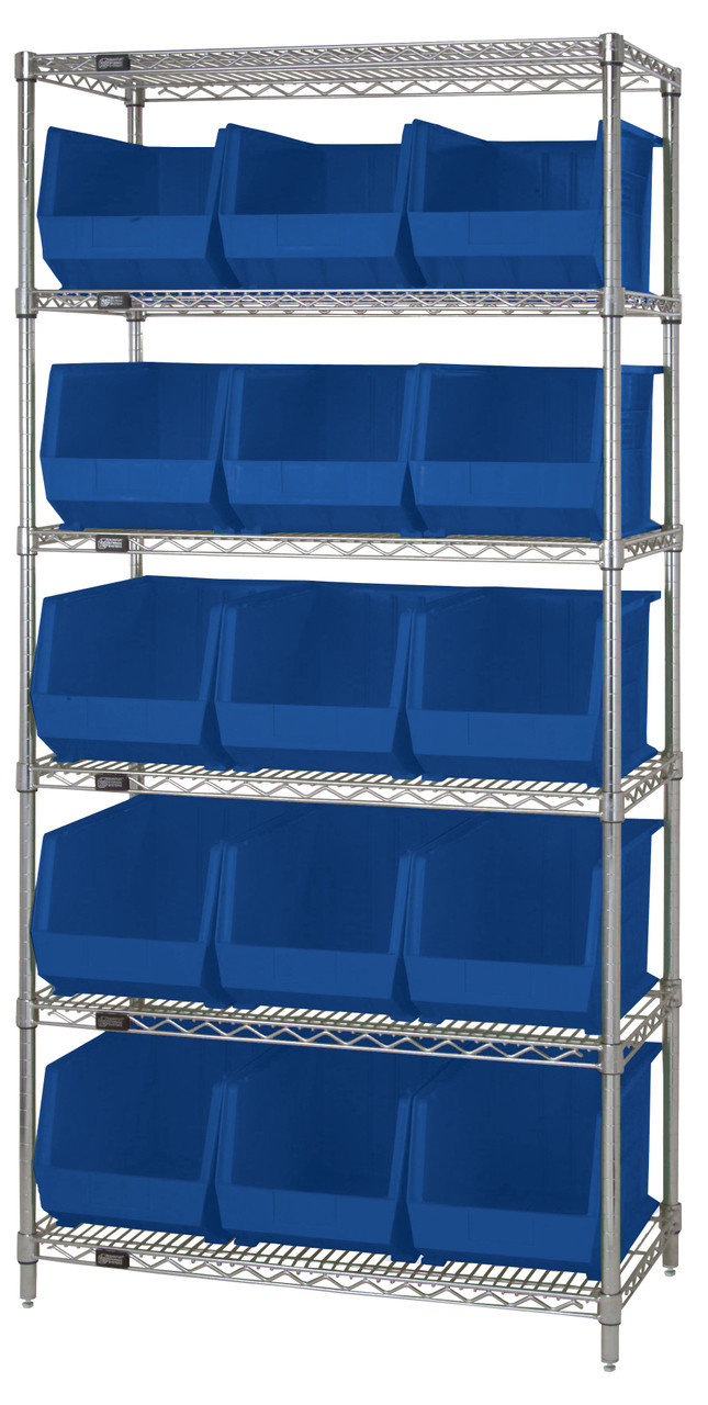 Bin Wire Shelving System, 36"L x 18"D x 74"H, 800 lbs load capacity per shelf, Chrome, Blue, Carbon Steel, WR6-260BL