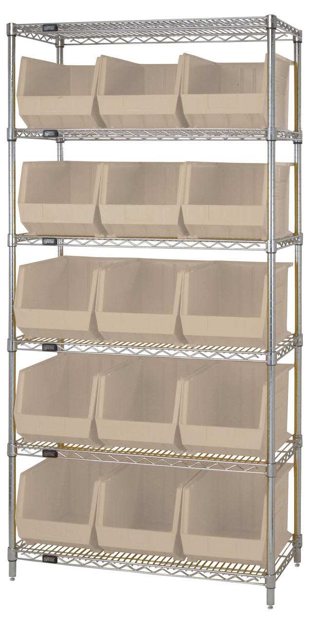 Bin Wire Shelving System, 36"L x 18"D x 74"H, 800 lbs load capacity per shelf, Chrome, Ivory, Carbon Steel, WR6-260IV