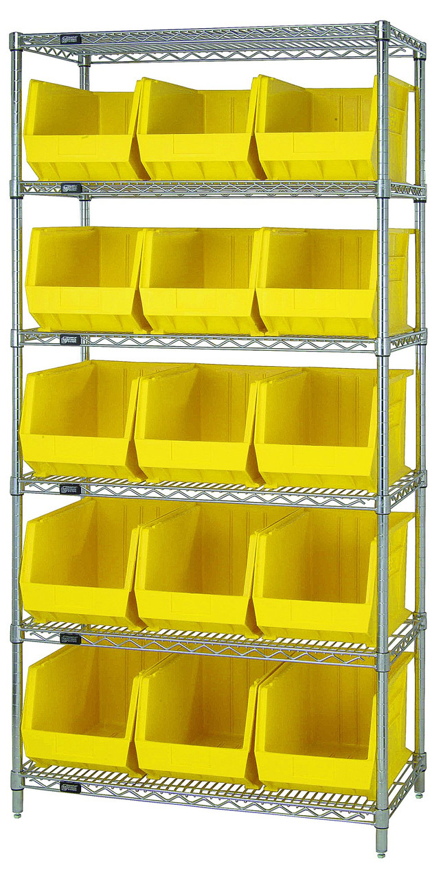 Bin Wire Shelving System, 36"L x 18"D x 74"H, 800 lbs load capacity per shelf, Chrome, Yellow, Carbon Steel, WR6-260YL