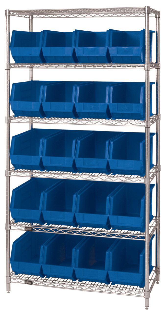 Bin Wire Shelving System, 36"L x 18"D x 74"H, 800 lbs load capacity per shelf, Chrome, Blue, Carbon Steel, WR6-265BL