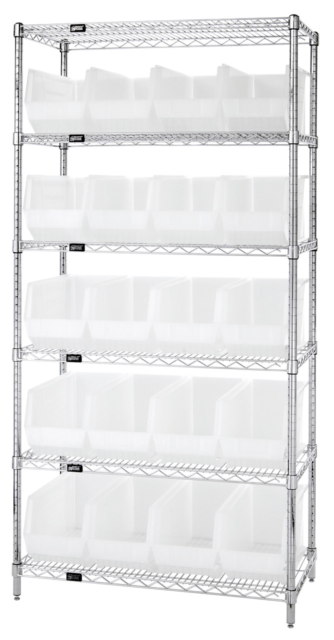 Bin Wire Shelving System, 36"L x 18"D x 74"H, 800 lbs load capacity per shelf, Chrome, Clear, Carbon Steel, WR6-265CL