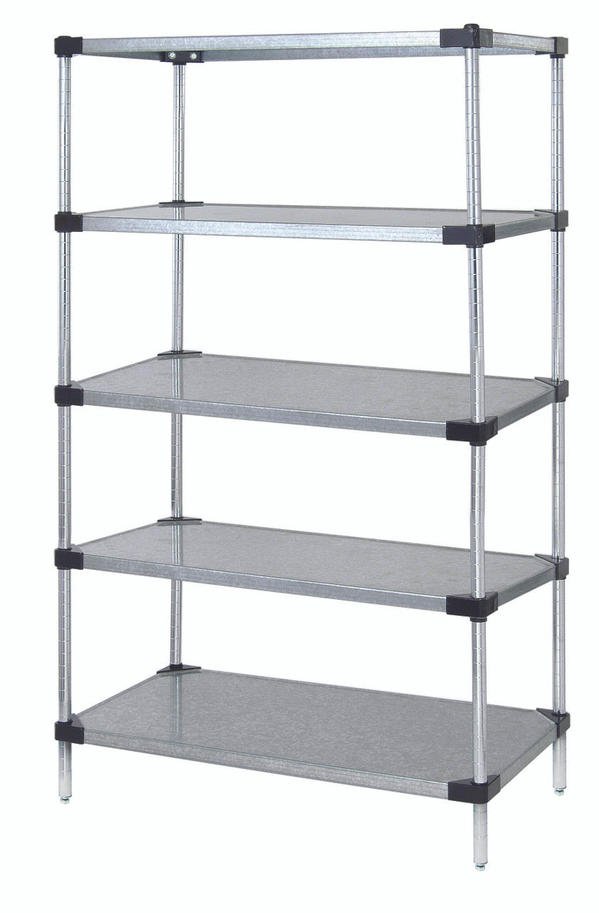 Solid Shelving Starter Kit, 60"W x 14"D x 63"H, includes (5) solid shelves and (4) posts, Galvanized, 0, Carbon Steel, WR63-1460SG-5