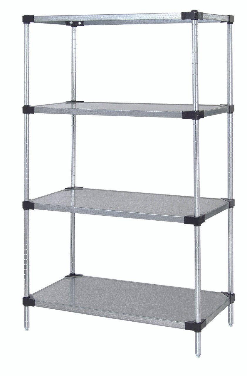 Solid Shelving Starter Kit, 30"W x 24"D x 63"H, includes (4) solid shelves and (4) posts, Galvanized, 0, Carbon Steel, WR63-2430SG