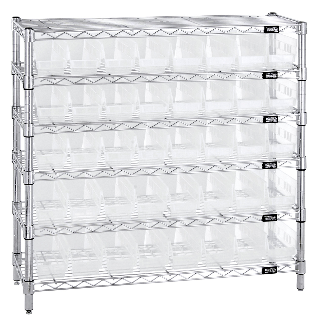 Bin Wire Shelving System, 36"W x 12"D x 36"H overall size, 800 lb. capacity per shelf, Chrome, Clear, Carbon Steel, WR6-36-1236-101CL