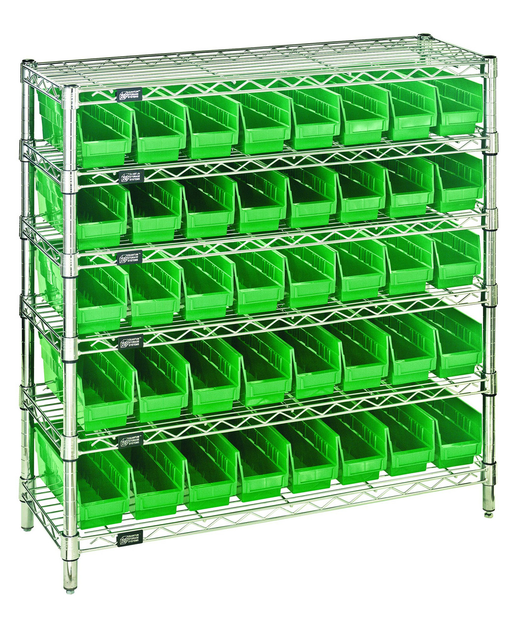Bin Wire Shelving System, 36"W x 12"D x 36"H overall size, 800 lb. capacity per shelf, Chrome, Green, Carbon Steel, WR6-36-1236-101GN