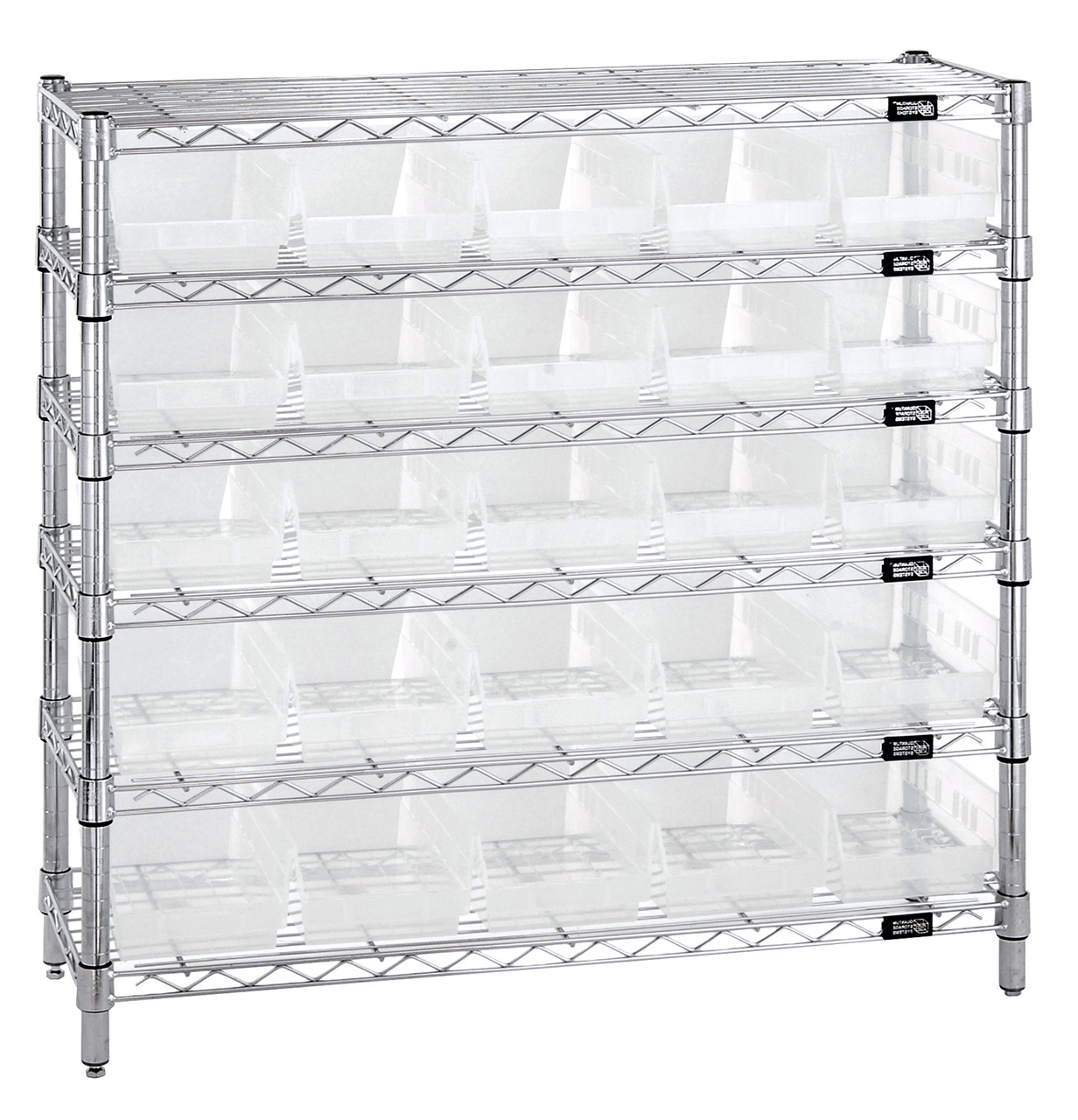 Bin Wire Shelving System, 36"W x 12"D x 36"H overall size, 800 lb. capacity per shelf, Chrome, Clear, Carbon Steel, WR6-36-1236-102CL