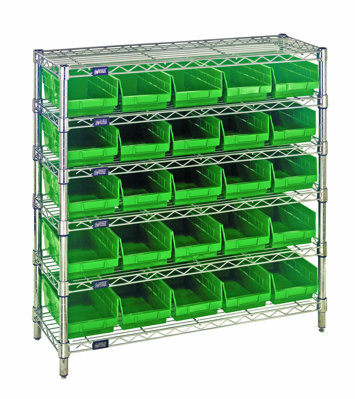 Bin Wire Shelving System, 36"W x 12"D x 36"H overall size, 800 lb. capacity per shelf, Chrome, Green, Carbon Steel, WR6-36-1236-102GN