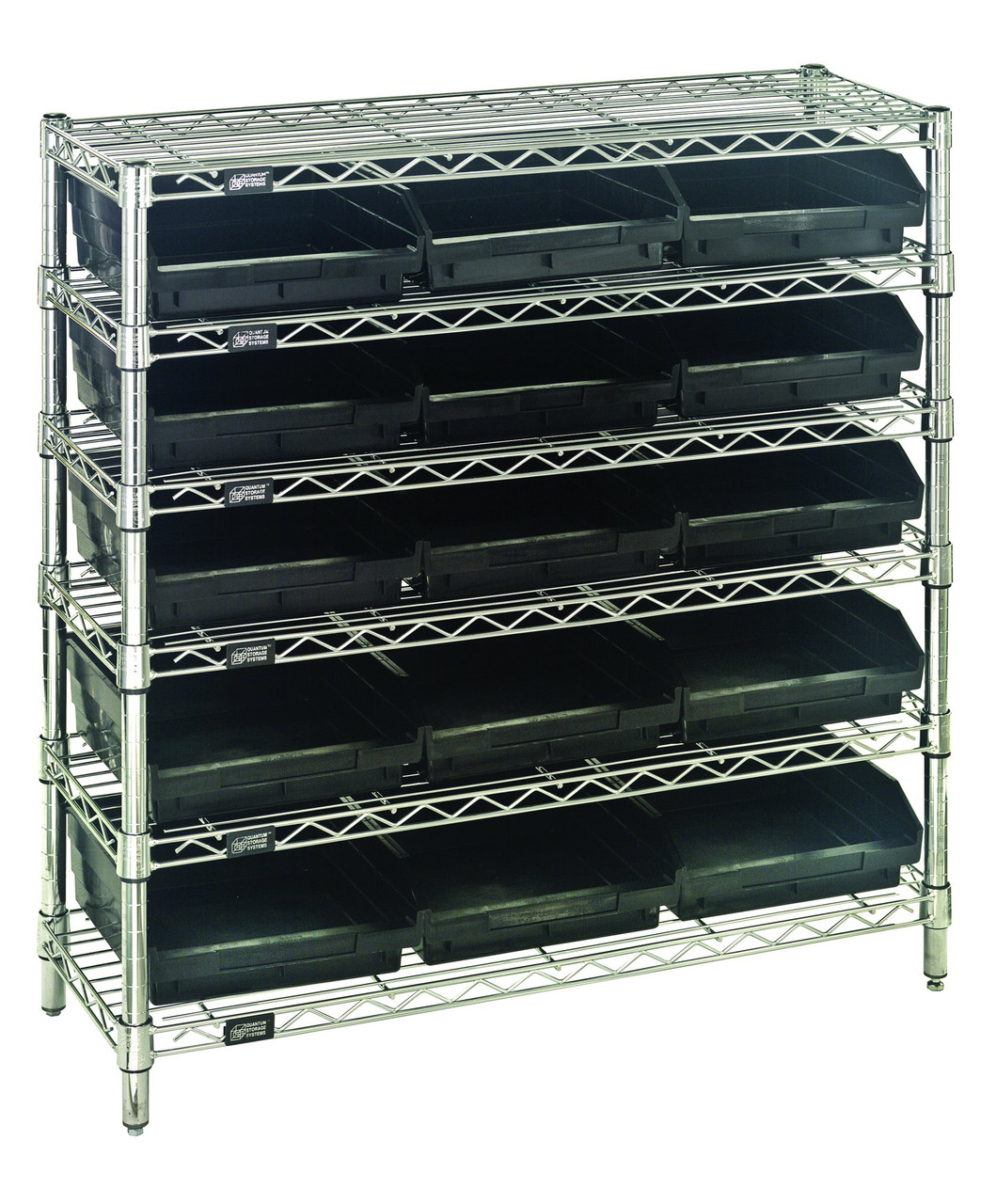 Bin Wire Shelving System, 36"W x 12"D x 36"H overall size, 800 lb. capacity per shelf, Chrome, Black, Carbon Steel, WR6-36-1236-109BK