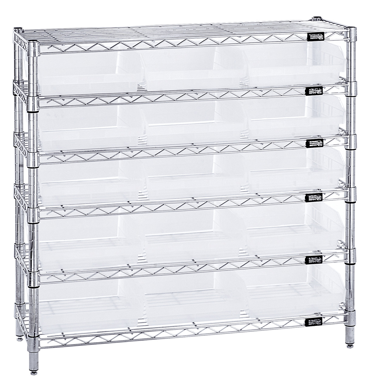 Bin Wire Shelving System, 36"W x 12"D x 36"H overall size, 800 lb. capacity per shelf, Chrome, Clear, Carbon Steel, WR6-36-1236-109CL