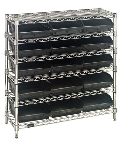 Bin Wire Shelving System, conductive, 36"W x 12"D x 36"H overall size, Chrome, Black, Carbon Steel/ESD, WR6-36-1236-109CO
