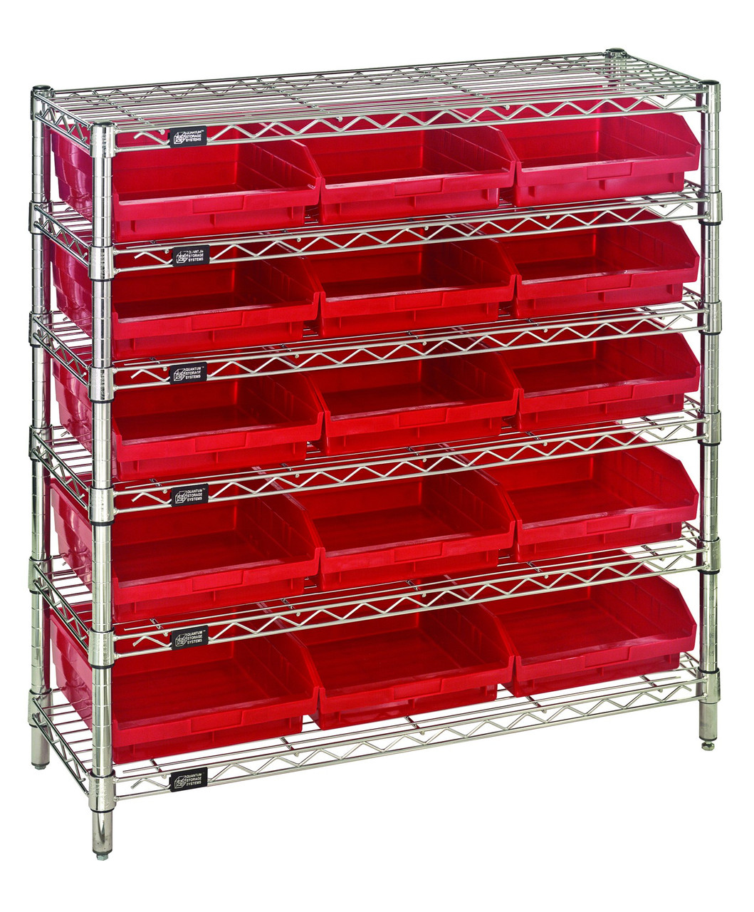Bin Wire Shelving System, 36"W x 12"D x 36"H overall size, 800 lb. capacity per shelf, Chrome, Red, Carbon Steel, WR6-36-1236-109RD