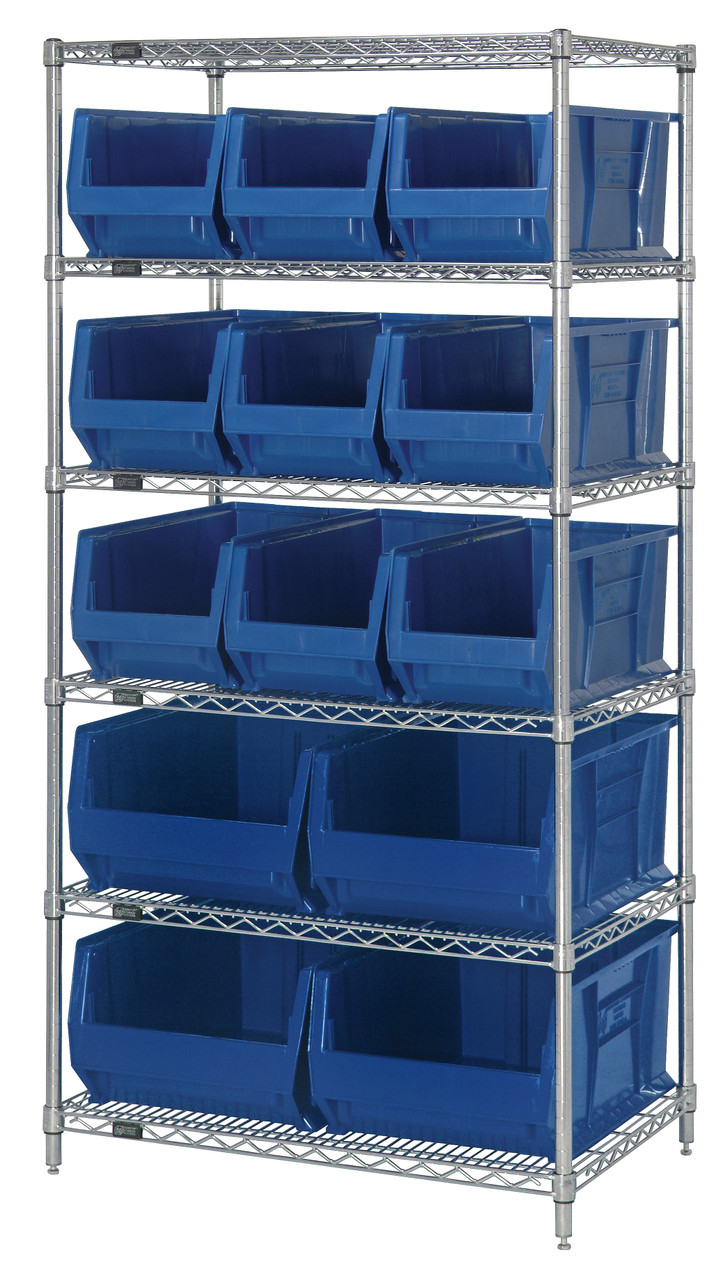 Bin Wire Shelving System, 36"W x 24"D x 74"H overall size, 800 lb. capacity per shelf, Chrome, Blue, Carbon Steel, WR6-953954BL