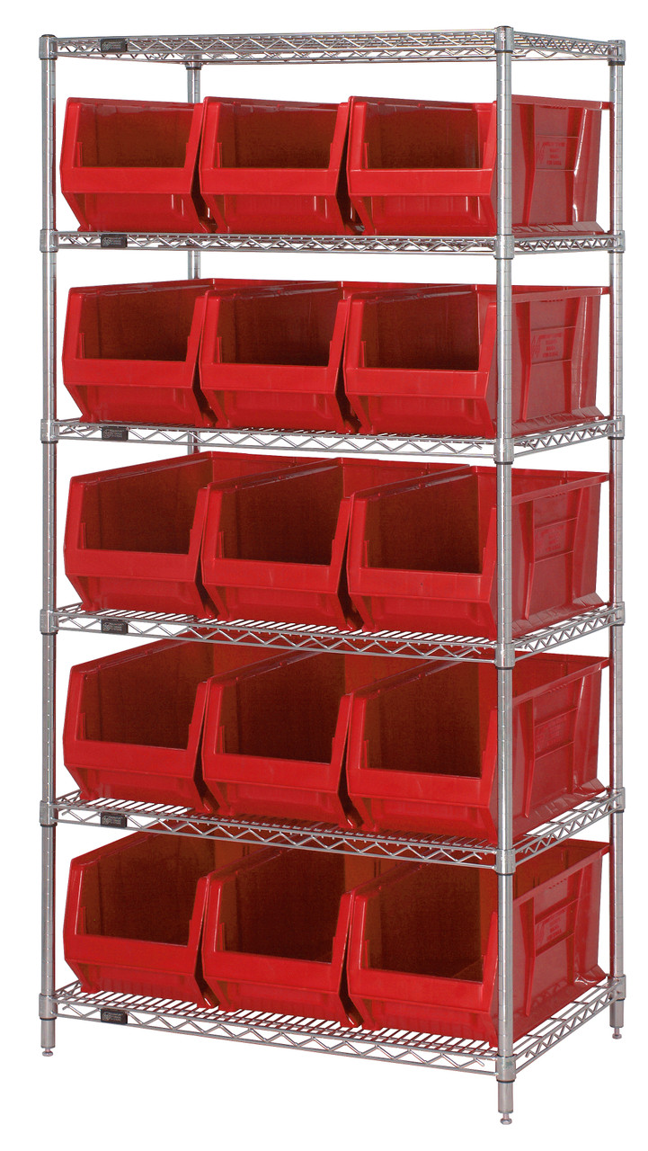 Bin Wire Shelving System, 36"W x 24"D x 74"H overall size, 800 lb. capacity per shelf, Chrome, Red, Carbon Steel, WR6-953RD