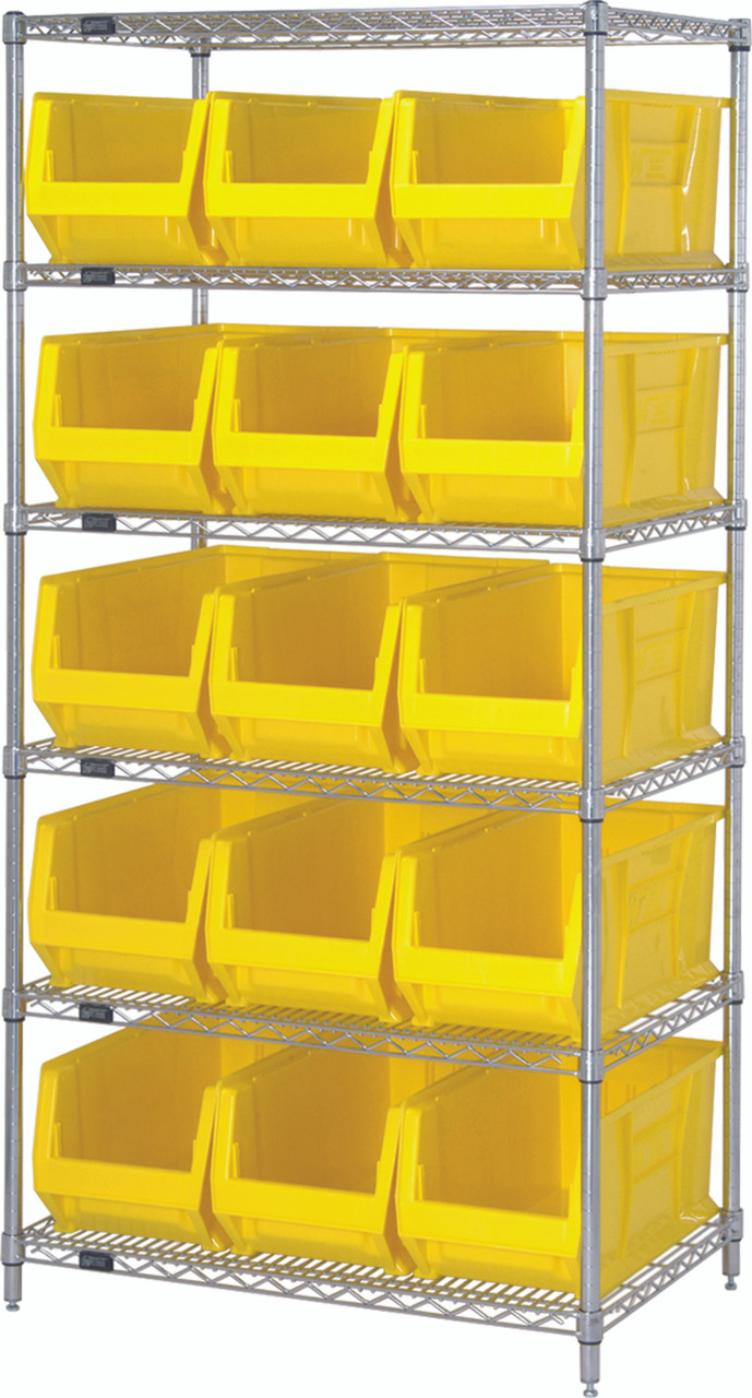 Bin Wire Shelving System, 36"W x 24"D x 74"H overall size, 800 lb. capacity per shelf, Chrome, Yellow, Carbon Steel, WR6-953YL