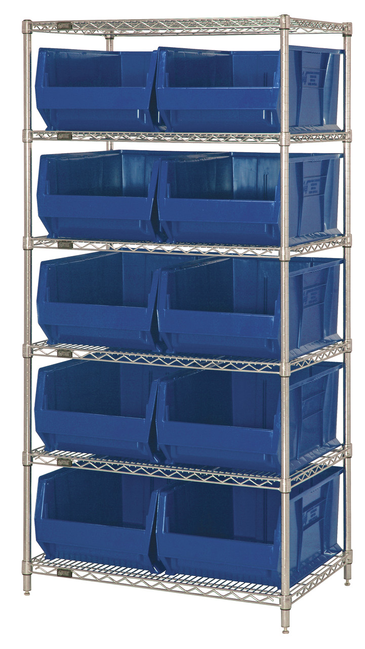 Bin Wire Shelving System, 36"W x 24"D x 74"H overall size, 800 lb. capacity per shelf, Chrome, Blue, Carbon Steel, WR6-954BL