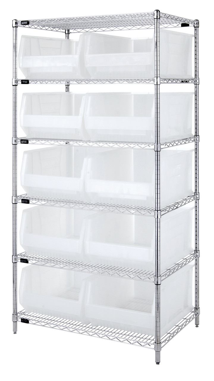 Bin Wire Shelving System, 36"W x 24"D x 74"H overall size, 800 lb. capacity per shelf, Chrome, Clear, Carbon Steel, WR6-954CL