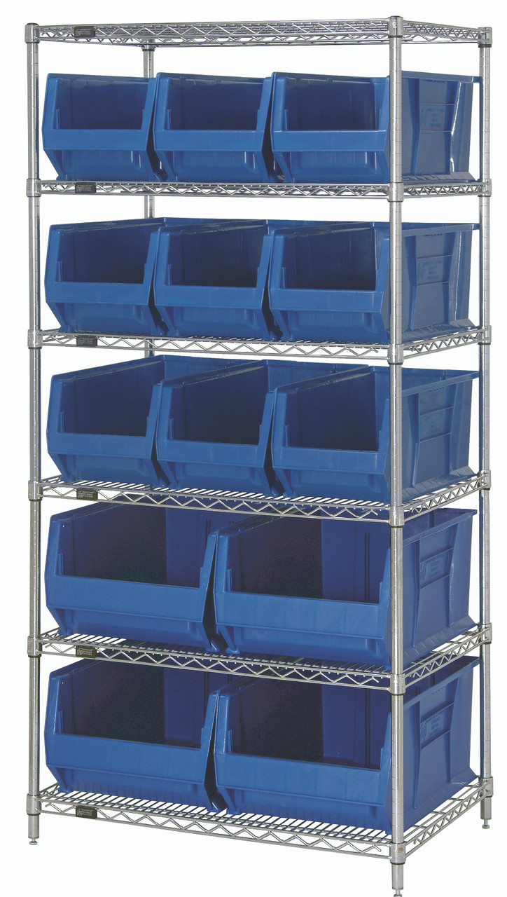 Bin Wire Shelving System, 36"W x 30"D x 74"H overall size, 800 lb. capacity per shelf, Chrome, Blue, Carbon Steel, WR6-973974BL