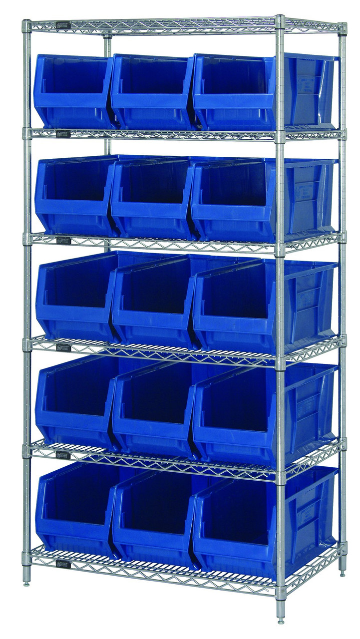 Bin Wire Shelving System, 36"W x 30"D x 74"H overall size, 800 lb. capacity per shelf, Chrome, Blue, Carbon Steel, WR6-973BL