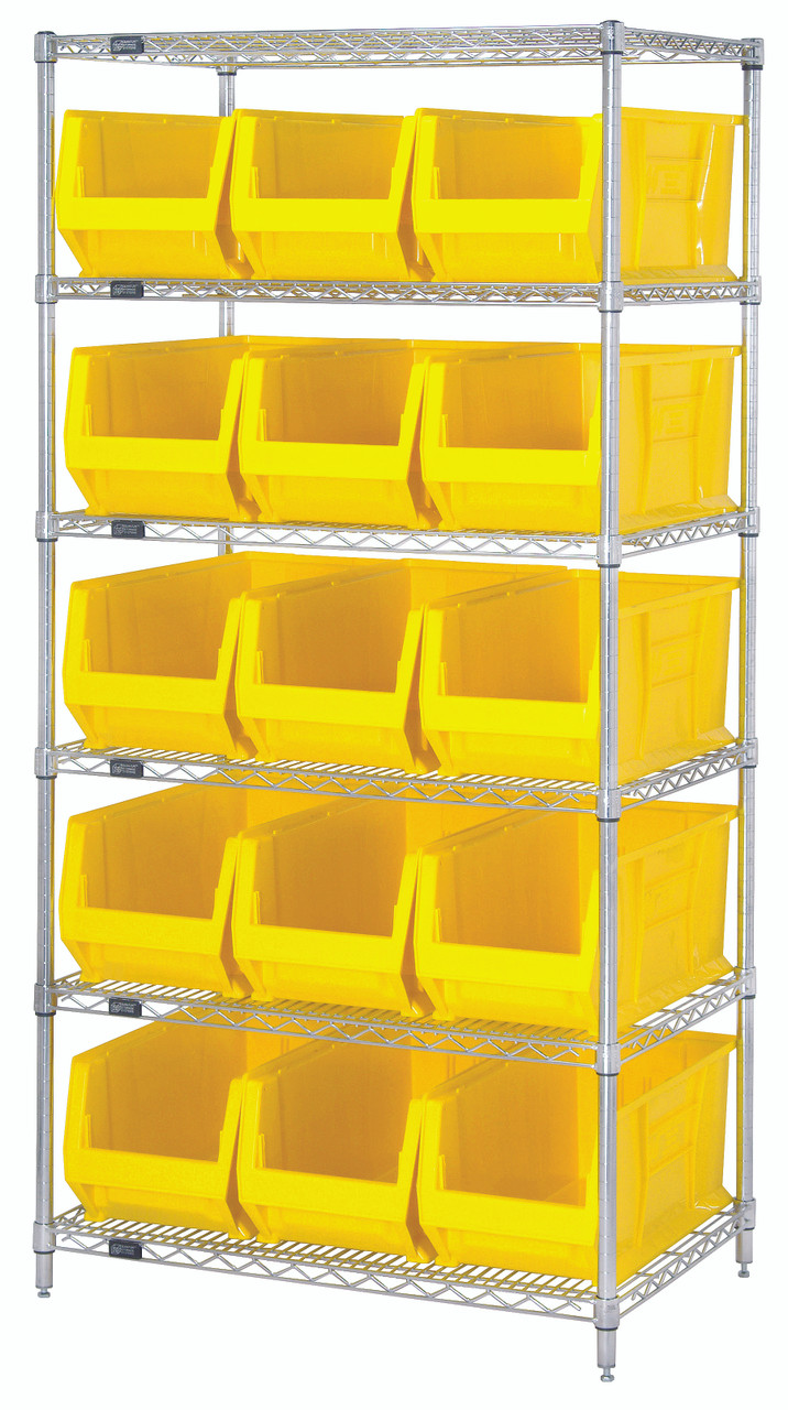 Bin Wire Shelving System, 36"W x 30"D x 74"H overall size, 800 lb. capacity per shelf, Chrome, Yellow, Carbon Steel, WR6-973YL