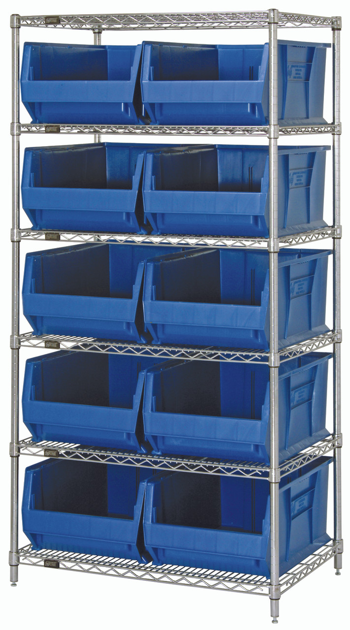 Bin Wire Shelving System, 36"W x 30"D x 74"H overall size, 800 lb. capacity per shelf, Chrome, Blue, Carbon Steel, WR6-974BL